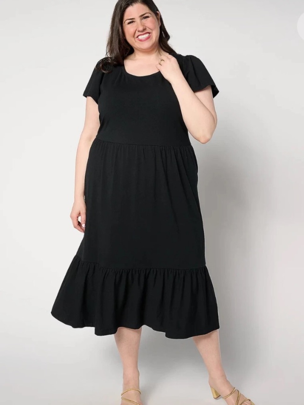 🐷 Isaac Mizrahi Live! Flutter Sleeve Black Tiered Midi Dress A647884 QVC